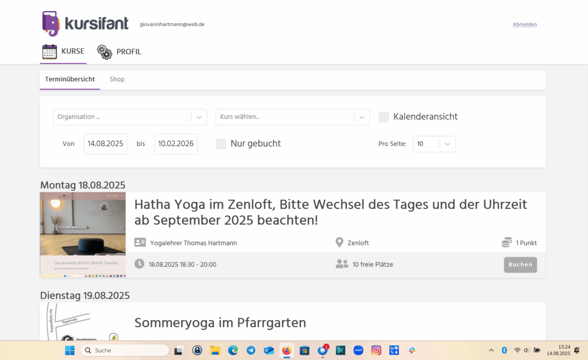 Ansicht des Accounts der Website kursifant. Sie dient zur Anzeige und Buchung von Terminen. In meinem Fall zur Anzeige und Buchung von Terminen und Kursorten von Yoga Stunden.